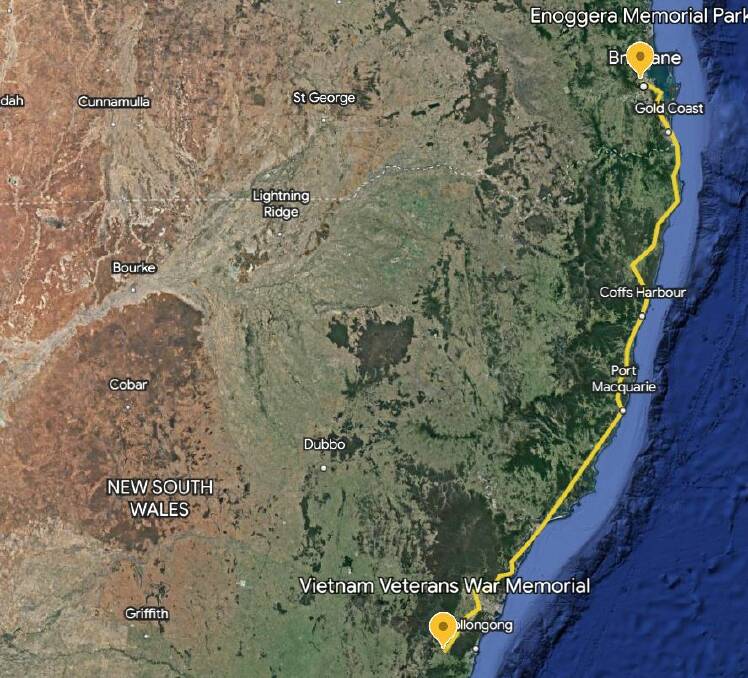 Rick will travel from Queensland to the Southern Highlands over a 40 day period. Picture by Google Earth. 