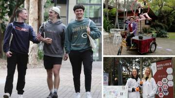 Brayden Begg, Jesse Payton, Will Pilloni (left) and activities at UOW's Open Day (right) on Saturday. Picture by Sylvia Liber