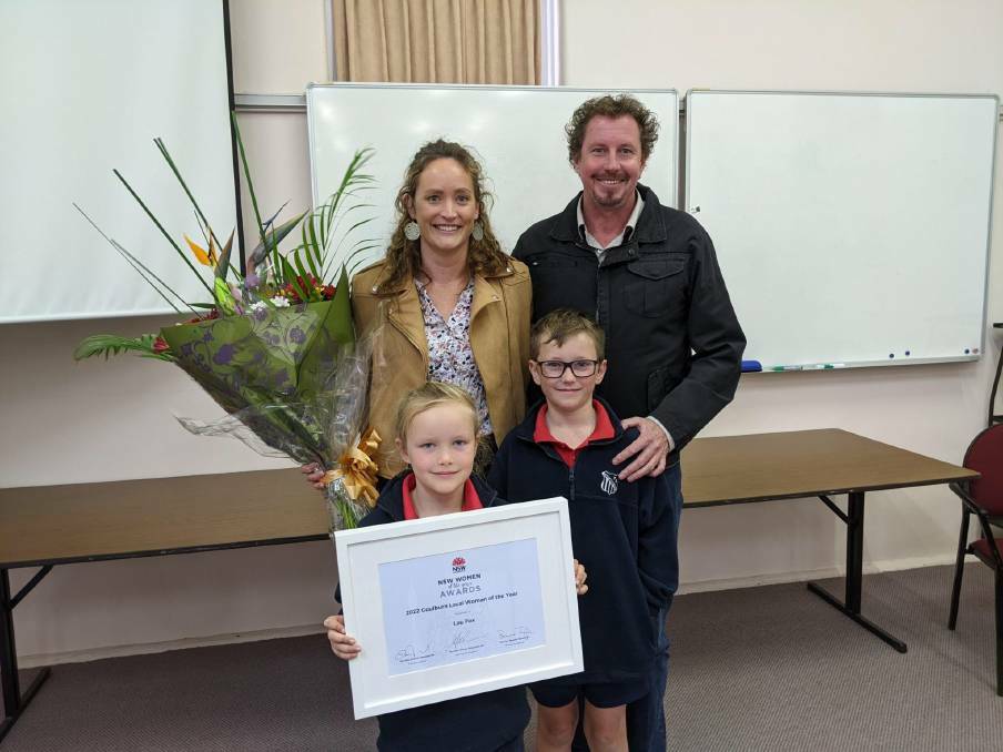 Lou Fox with husband Ben Zyla and children Vivian Zyla and Hugh Zyla after being named Goulburn's 2022 Local Woman of the year. Picture by NSW Health