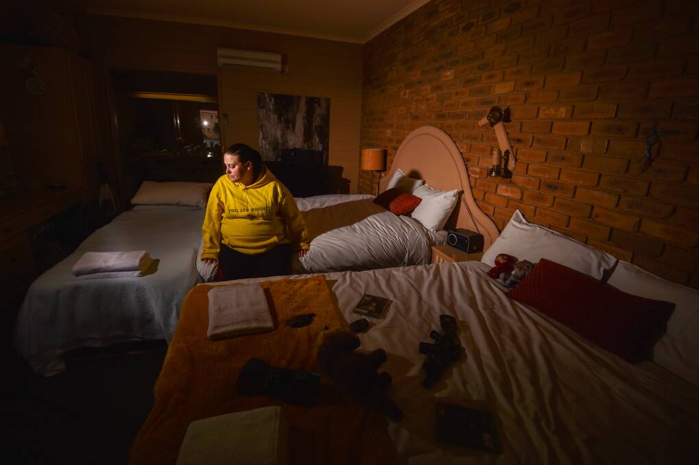 Amanda Parker in her Golden Square motel room. Picture by Darren Howe