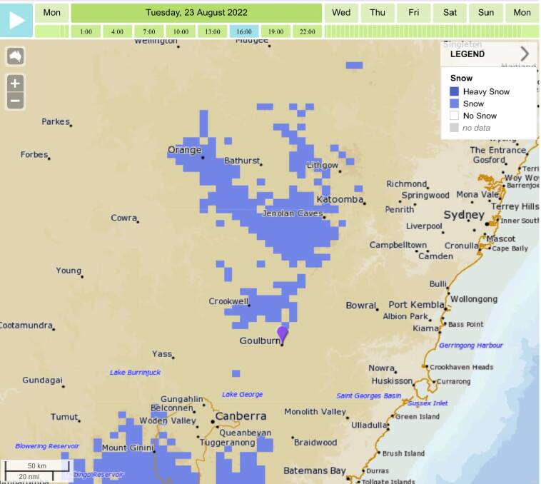 Snow may reach Goulburn around 4pm this afternoon. 