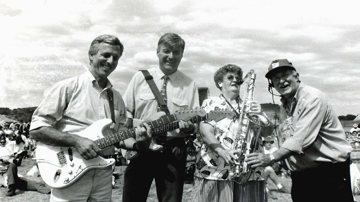 Former Hume MP John Sharp (second right) , then mayor Margaret O'Neill and Blues Festival founder George Lipman were among those who hammed it up to promote the first Goulburn event in 1997. Picture file