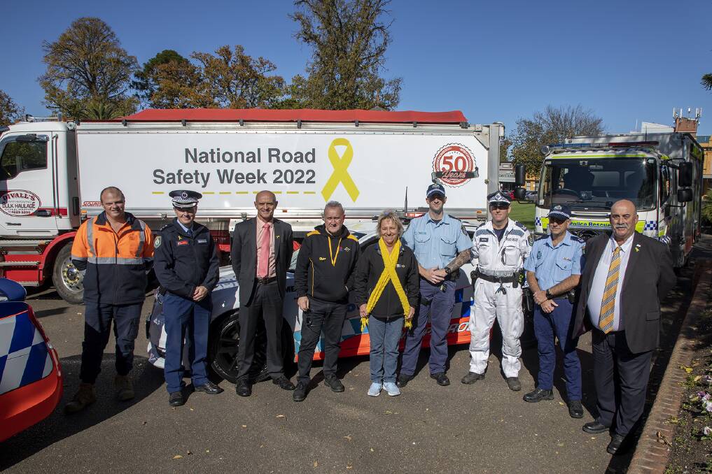 Representatives from Goulburn Mulwaree Council, Hume Police District, Transport NSW and Divall's Earthmoving and Bulk Haulage gathered in Belmore Park to mark National Road Safety Week. Picture supplied