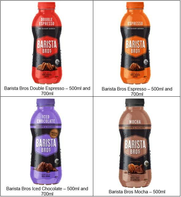Barista Bros double espresso, espresso, iced chocolate and mocha flavours recalled. Picture via Food Standards Australia and New Zealand