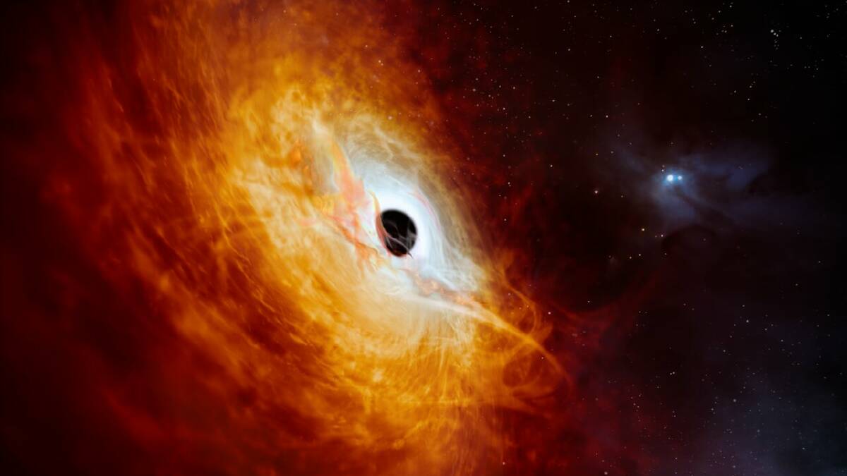 An artists impression shows the record-breaking quasar J059-4351, the bright core of a distant galaxy that is powered by a supermassive black hole. Picture by ESO/M. Kornmesser