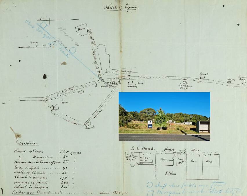 This hand-drawn map of Mount Egerton shows key sites in the 1869 bank robbery that gave Captain Moonlite his moniker. It was attached to a police statement given by 19-year-old bank clerk Ludwig Bruun. Picture Public Records Office of Victoria.