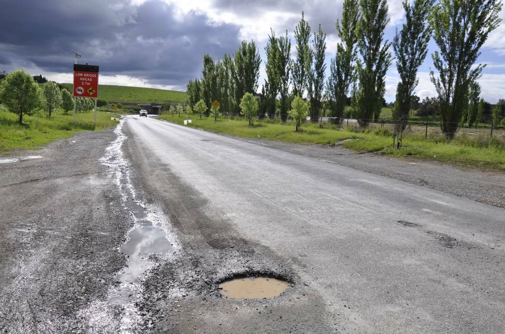 A pothole on Garroorigang Road, just off Braidwood Road, leading into Goulburn. Picture by Louise Thrower.