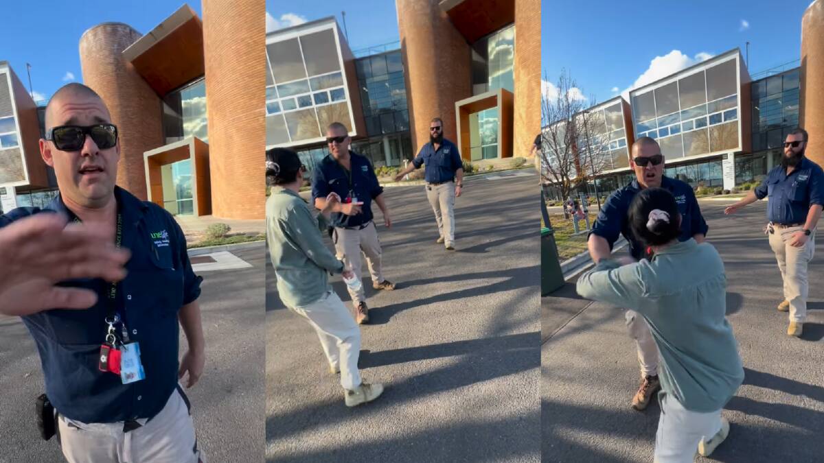 Stills from footage of a UNE security guard on the Armidale campus. Picture Instagram