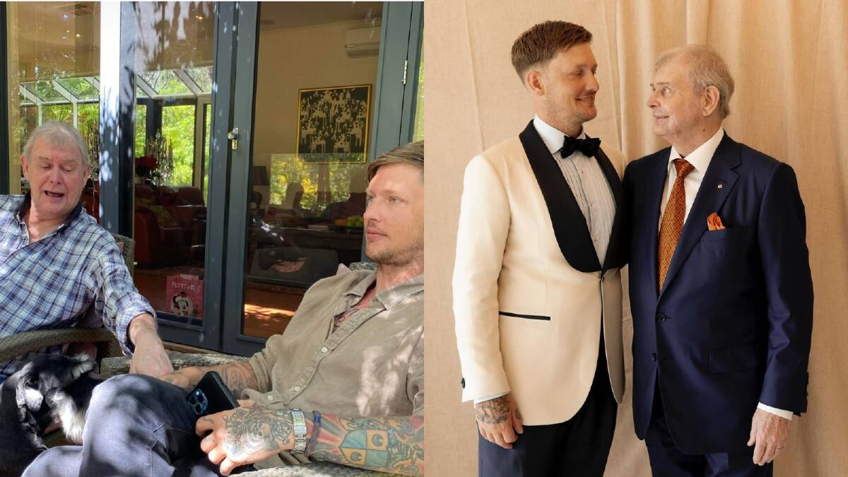 John Farnham with son Rob on his birthday (left) and at Rob's June wedding (right). Picture Instagram