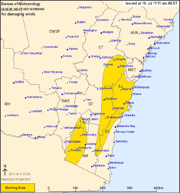 A map shows the area expected to be impacted by damaging winds. Picture supplied.