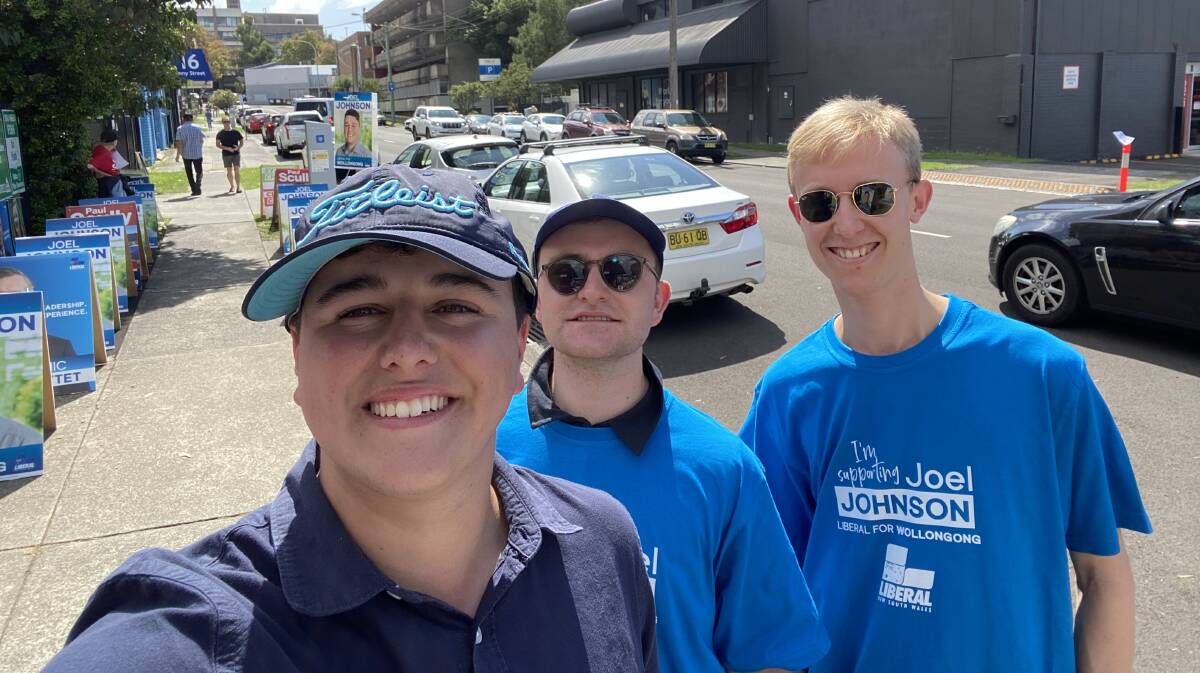 Liberal candidate 20-year-old Joel Johnson at the 2023 election with campaign volunteers Samuel Bible and Ted Wearn-Jarvis. Picture supplied by Joel Johnson
