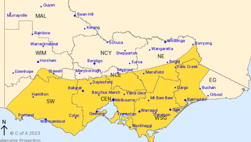 The severe weather warnings in Victoria. Picture by Bureau of Meteorology