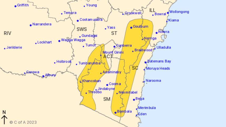 A severe weather warning for damaging winds in NSW. Picture by Bureau of Meteorology