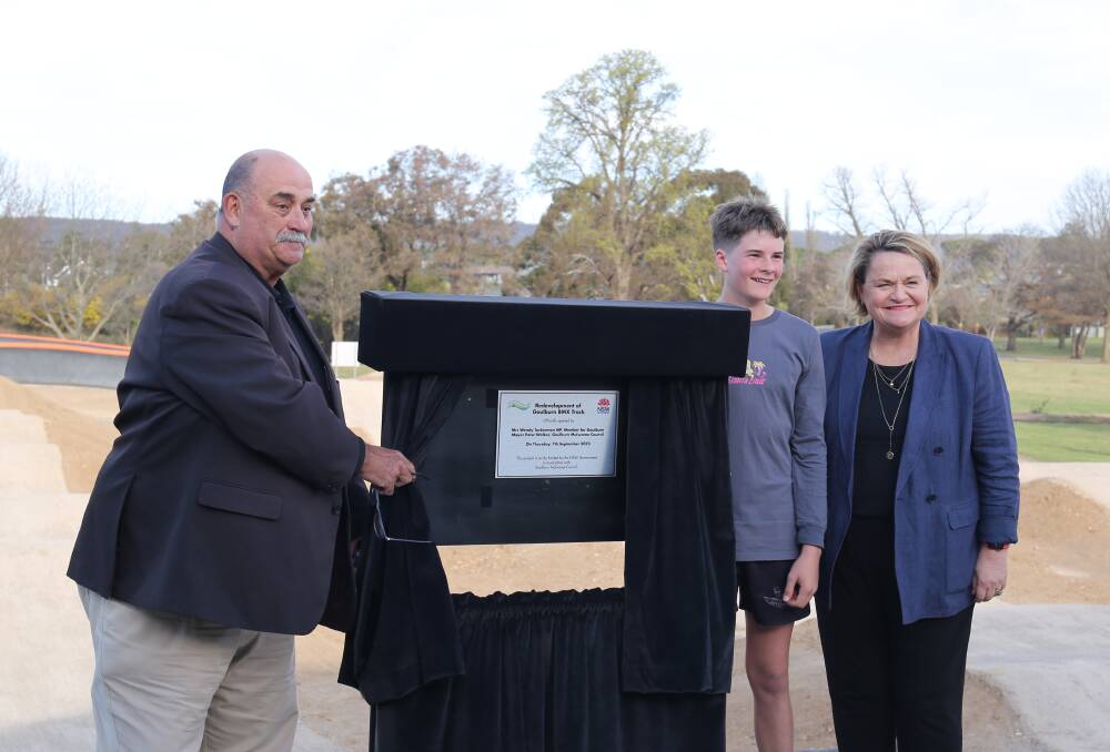Mayor Peter Walker, student Angus McGregor and Liberal MP Wendy Tuckerman unveil the new developments for the BMX track on Albion Street. Images by Jacqui Lyons.