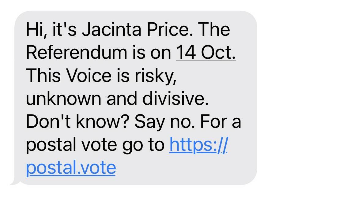 Users took to social media to share the text messages, which claim to have been sent by Liberal senator Jacinta Nampijinpa Price. Picture supplied.
