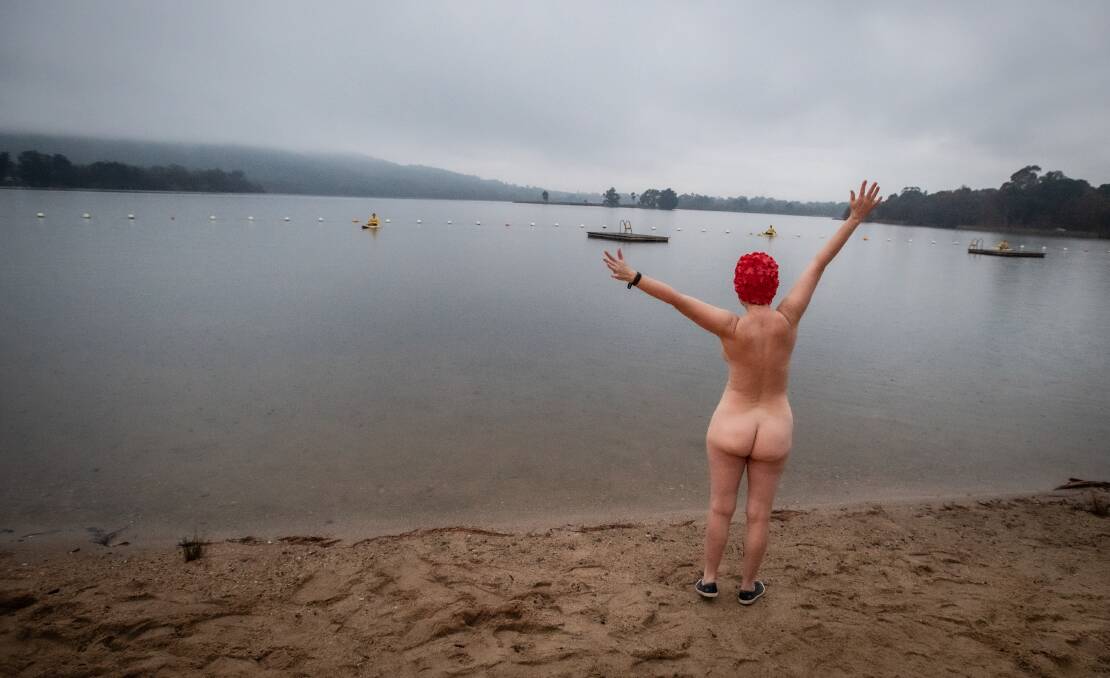 A swimmer at Canberra's winter solstice swim. Picture by Karleen Minney