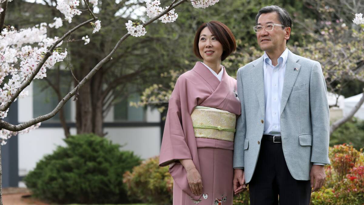 The Ambassador of Japan to Australia Shingo Yamagami with his wife Kaoru at their official residence in Yarralumla. Picture by James Croucher
