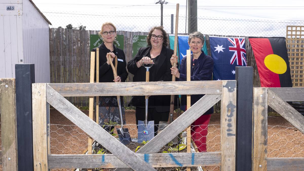St Vincent de Paul Society Canberra/Goulburn CEO Lucy Hohnen, Argyle Housing CEO Carolyn Doherty and Dirty Jane's founder Jane Crawley turn the first sod. Picture by Keegan Carroll