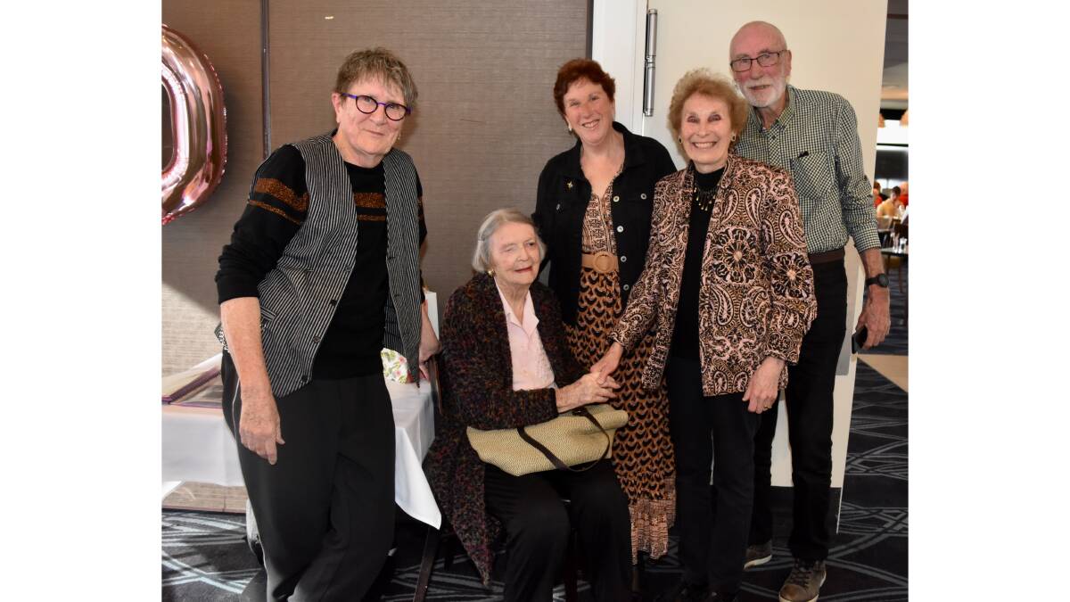 Marie Whalan (seated) with friends at her recent 100th birthday party in Canberra (l-r) Jo Dewar, Carmel Halder, Anne Pocock and Warran Dewar. Pictures supplied