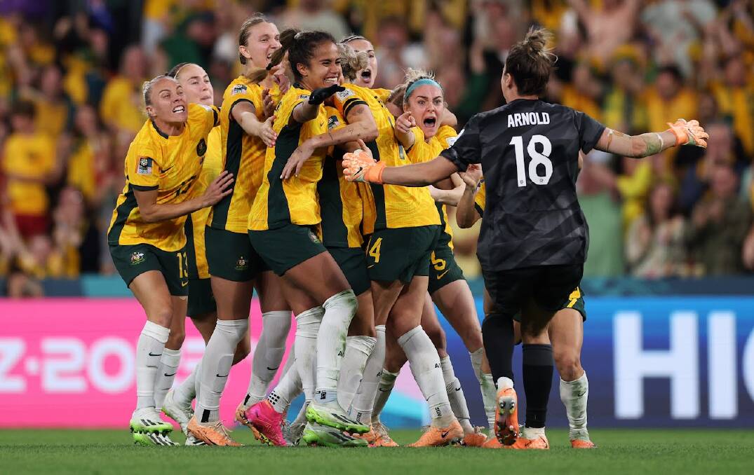 Goalkeeper Mackenzie Arnold and her Matildas teammates celebrate after beating France in a penalty shootout at Suncorp Stadium on Saturday night. Picture - Getty Images