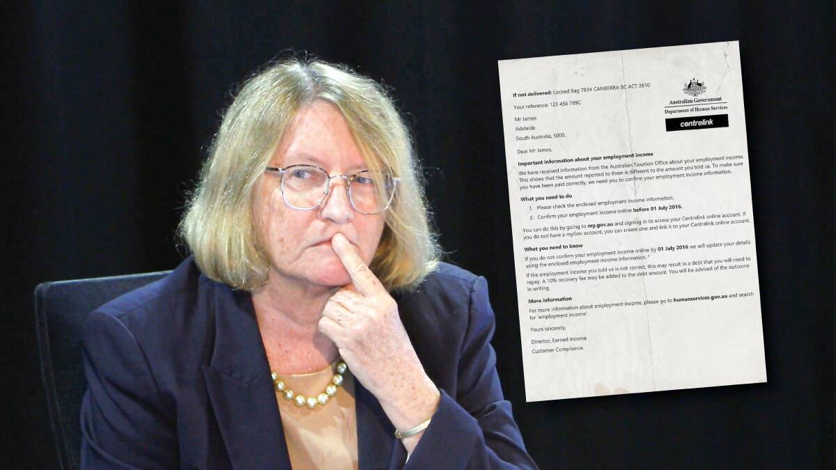 Commissioner Catherine Holmes during the Royal Commission into the Robodebt Scheme, and inset, no phone number was included on the Centrelink letter. Pictures AAP, supplied