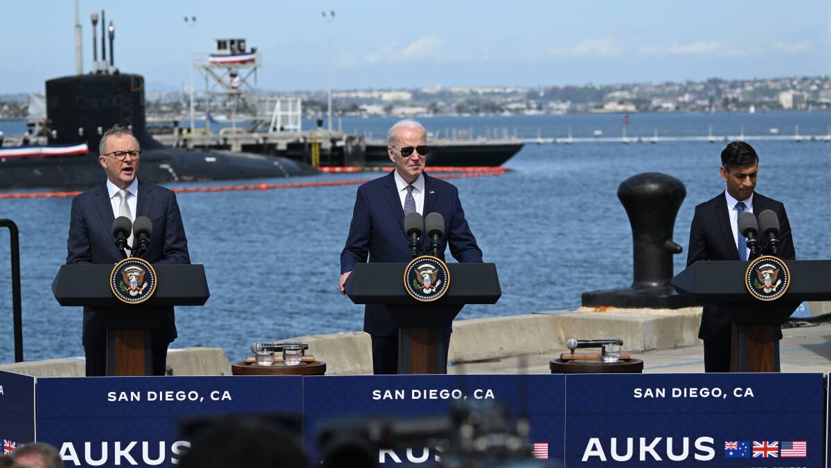Anthony Albanese, Joe Biden hosts and Rishi Sunak during an AUKUS meeting in San Diego last month. Picture Getty Images