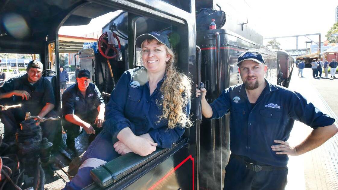 Steam train crew Benjamin Murch, Paul Mitchell, Simone de Beuzeville and Samuel Roach at Wollongong Station in 2021. Picture: Adam McLean