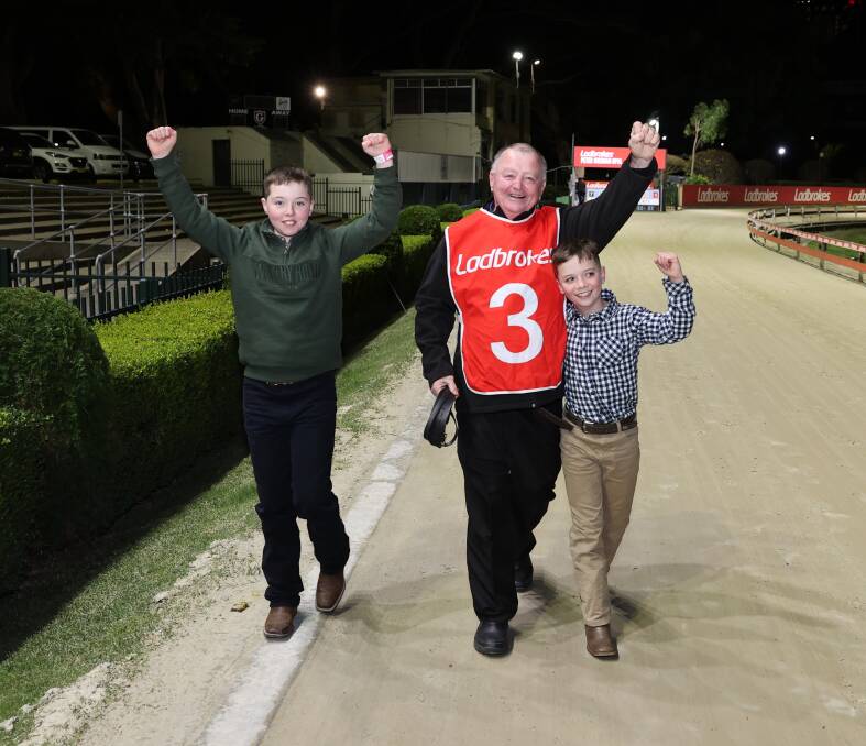 Dennis Barnes and his grandkids, Jock and Archie celebrate after Nangar Lucys Group 1 win earlier this year. Picture Lachlan Naidu