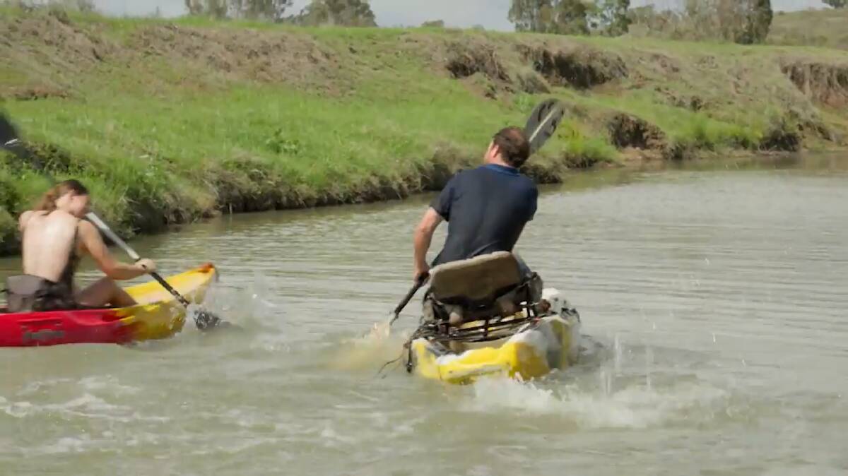 While Jacinta roasts her back in the sun, Farmer Todd utilises the height advantage in his specially designed orthopedic kayak seat built to provide maximum water-to-paddle ratio in flirty splashing fights. Picture supplied