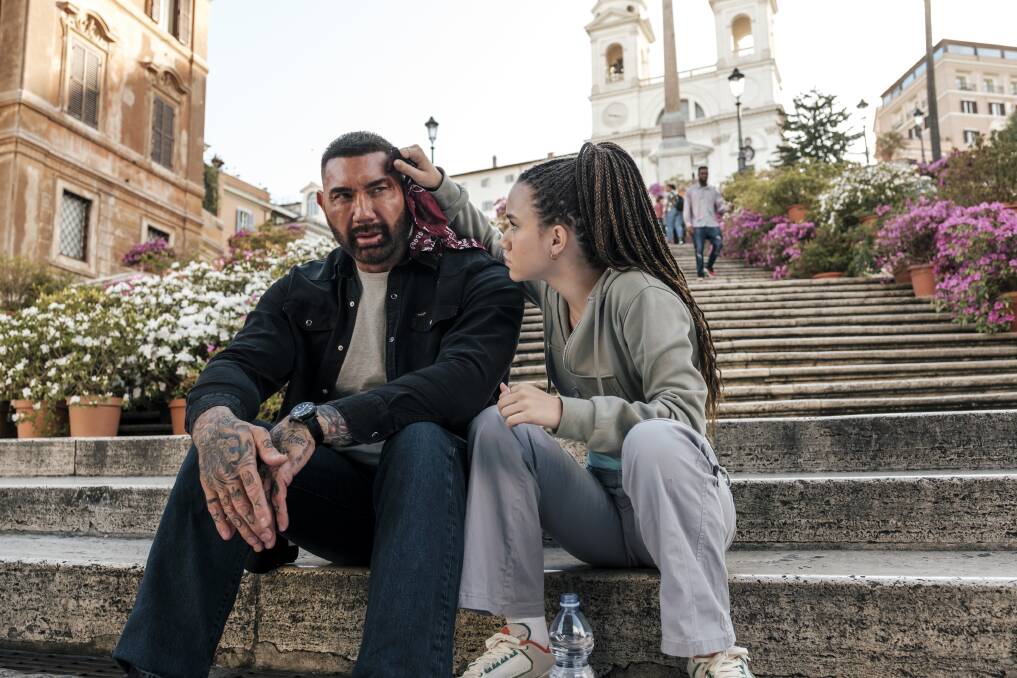 Dave Bautista and Chloe Coleman as JJ and Sophie in My Spy: The Eternal City. Picture Prime Video