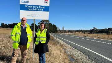 Mayor Peter Walker and regional development and local government minister, Kristy McBain, checked out progress on Windellama Road's rehabilitation during her visit. Picture supplied.