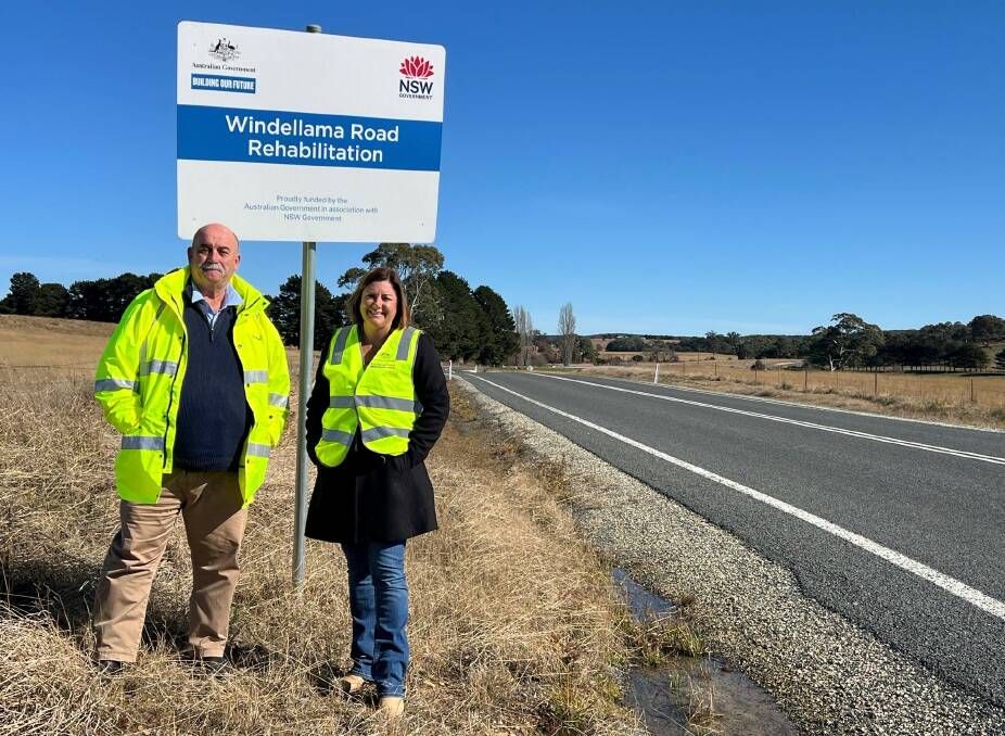 Mayor Peter Walker and regional development and local government minister, Kristy McBain, checked out progress on Windellama Road's rehabilitation during her visit. Picture supplied.