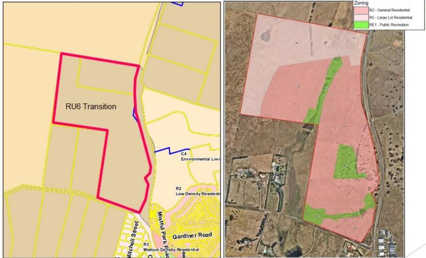 The image above shows the existing RU6 transition zone on the left and the proposed re-zoning of the Crookwell Road land to low-density residential, a smaller portion for large lots, and public recreation. Image sourced.