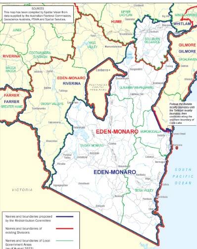 The proposed new seat of Eden Monaro would take in Goulburn Mulwaree, Bega Valley Shire, Queanbeyan Palerang, Snowy Monaro and part of the Eurobodalla Council areas. Map sourced.