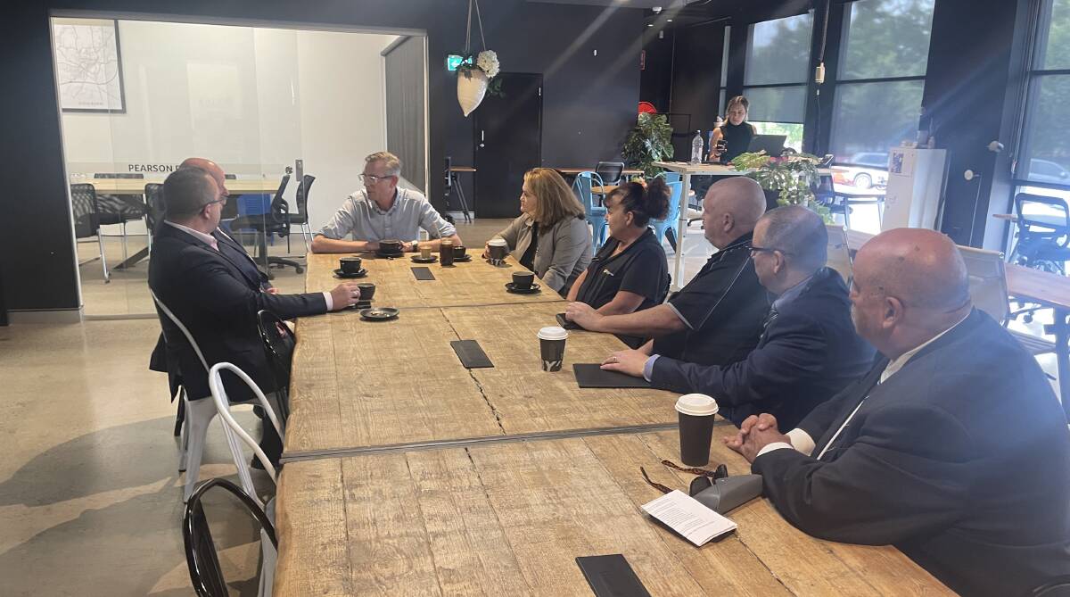 Mayor Peter Walker, council GM Aaron Johansson, Chamber president Darrell Weekes and members met with Premier Dominic Perrottet and Goulburn MP Wendy Tuckerman at Harvest Cafe on Wednesday. Picture supplied.