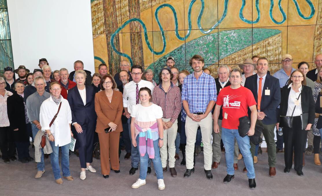 Some 70 farmers from Victoria and NSW, including Upper Lachlan Shire, converged on Canberra's Parliament House on Tuesday to call for a Senate inquiry into transmission projects. Picture supplied.
