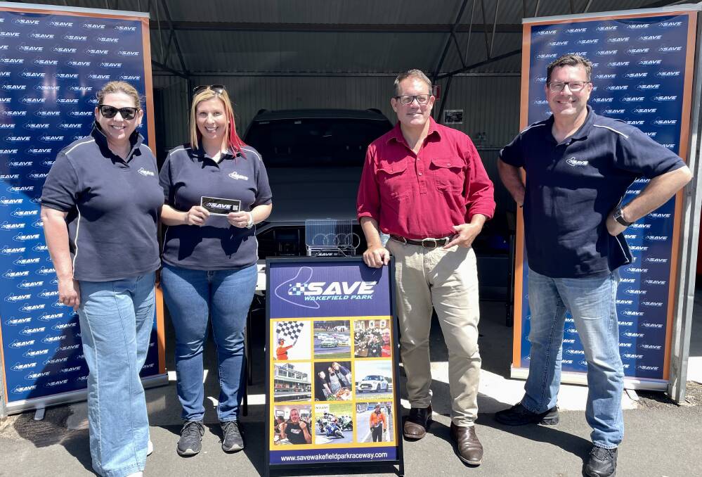 Save Wakefield Park members Rebecca Richards, Jessica Nicholson and Eddie Swat with federal MP Luke Gosling (right) who created the Parliamentary Friends of Motorsport. They are pictured at the recent Goulburn Car and Motorcycle Show at Wakefield Park. Picture supplied.