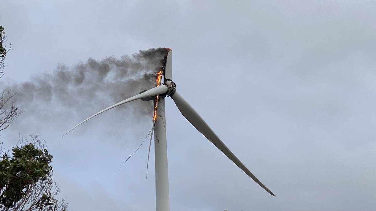 A turbine in the Cullerin wind farm caught fire early on January 5. It was inaccessible for firefighters but crews remained onsite to prevent any spread. Picture by Matt Curvey.