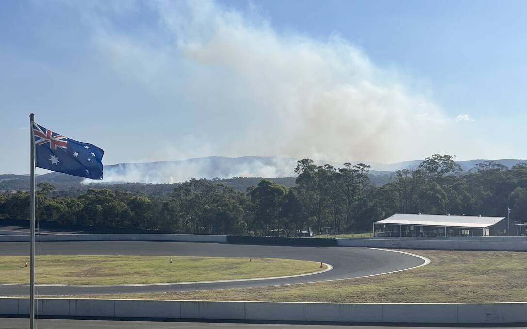 The view of the fire from Pheasant Wood Motor Sport facility on Prairie Oak Road, off Jerrara Road, Marulan. The fire broke out on Oak Valley Road. Picture by Cameron Shelley.