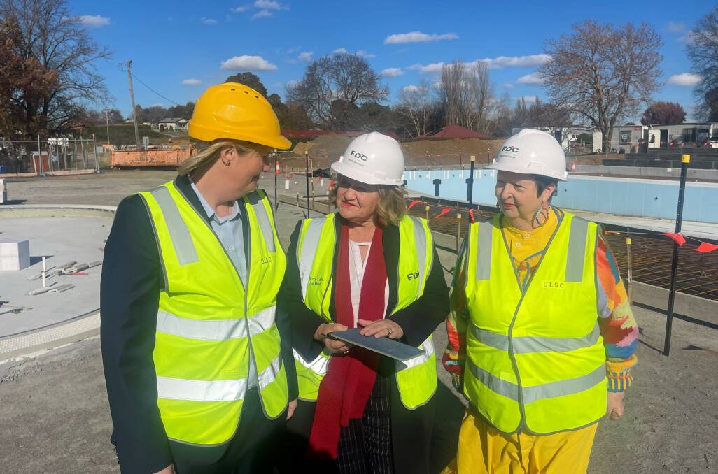 Upper Lachlan Shire Council CEO, Alex Waldron, Goulburn MP Wendy Tuckerman and Shire deputy mayor, Mandy McDonald at the recent funding announcement for the Crookwell pool redevelopment. Picture supplied.