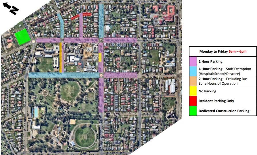 The current parking restrictions around Goulburn Base Hospital. Image sourced.