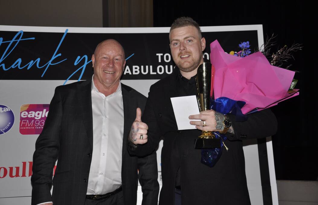 Dylan Underwood (right) was chuffed to receive the people's choice award for Goulburn's favourite business from Goulburn Chamber of Commerce and Industry president, Darrell Weekes at Friday's function. Picture by Louise Thrower.