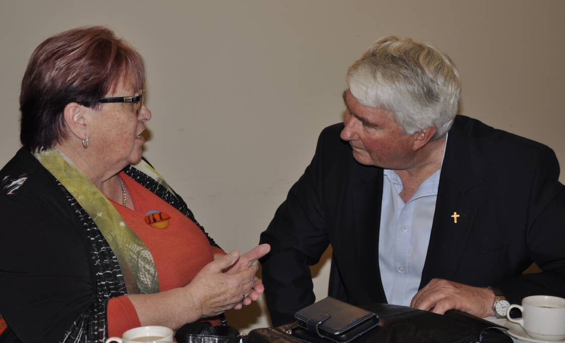 Goulburn woman and advocate, Jennie Gordon, was one of 250 signatories to the 2017 Uluru Statement from the Heart. She discussed the upcoming Voice referendum with Father Frank Brennan. Picture by Louise Thrower.