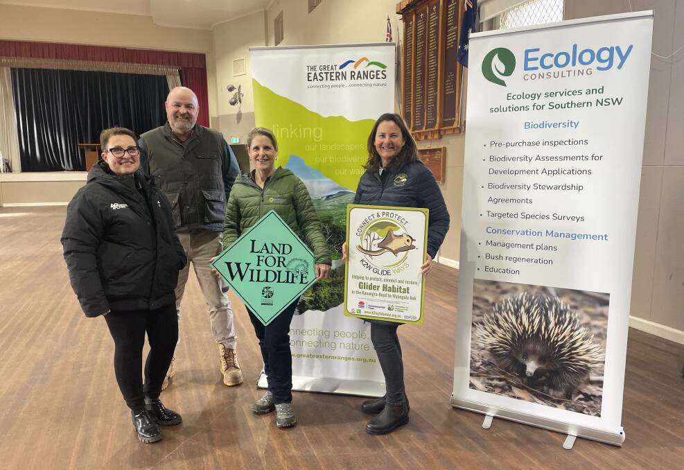 Jo Marshall (left) with Christian Wythes from South East Local Land Services, ecologist Lesley Peden and K2W Link Inc project officer, Mary Bonet at the Curraweela bushfire recovery workshop in July. Picture supplied. 
