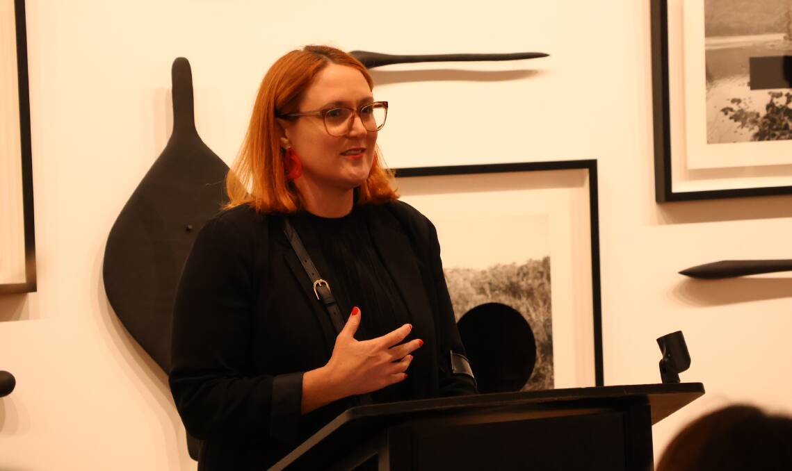 Curator Leigh Robb addressed the audience at the opening of James Tylor's exhibition at Goulburn Regional Art Gallery on March 15. Picture by Goulburn Regional Art Gallery.