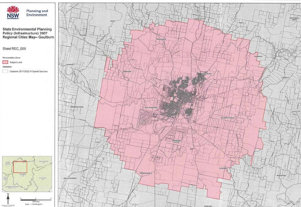 Goulburn and a portion of the district has been included in a state government policy for large-scale renewable energy projects. Proponents must avoid land use conflicts, among other impacts, in the area shown in pink. Image sourced. 