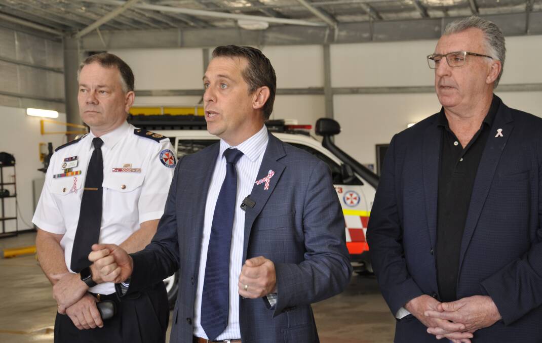 Health Minister Ryan Park announced 500 more paramedics for rural and regional NSW as part of a pre-budget announcement in Goulburn on Friday. He was with NSW Ambulance deputy commissioner, David Dutton and Health Services Union secretary, Gerard Hayes. Picture by Louise Thrower.