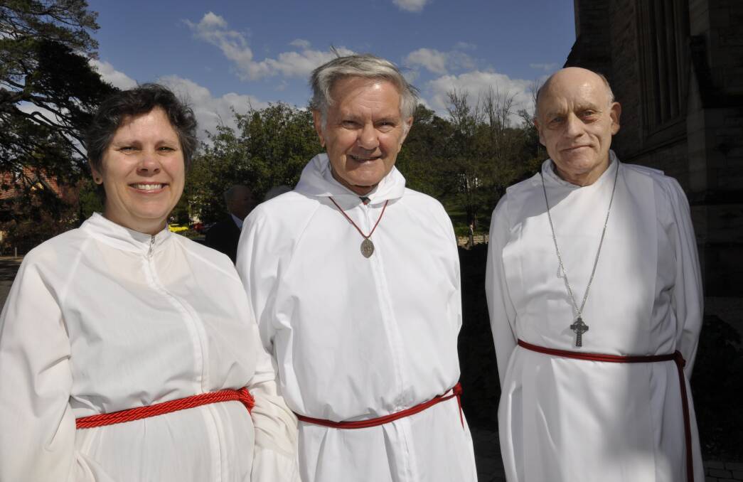 Graham Holgate (right) will be recognised as an honorary lay canon at a special service at Saint Saviours Cathedral on Friday night, marking the start of Synod. He is pictured here in 2018 with fellow servers Anne Krebs, Wagga Wagga, and Roy Bloomfield, Goulburn. Picture by Louise Thrower. 