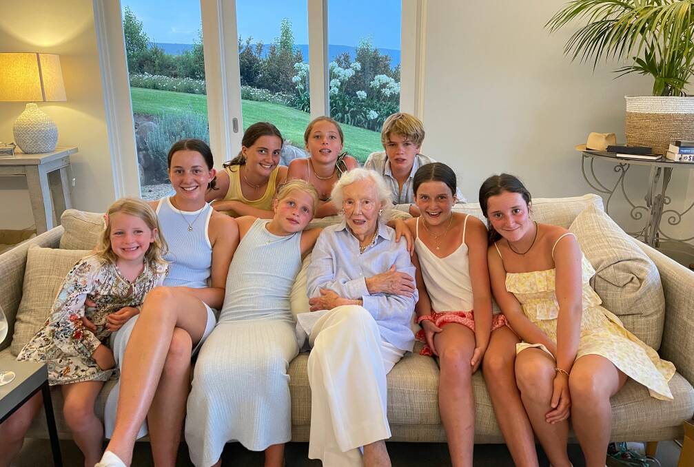 Pamela Maple-Brown with grandchildren (front) Zali MacLachlan, Darcy Maple-Brown, Olive MacLachlan, Lexie and Zara Maple-Brown. Rear: Claudia Maple-Brown, Willa and Henry MacLachlan at Christmas, 2023. Picture supplied.