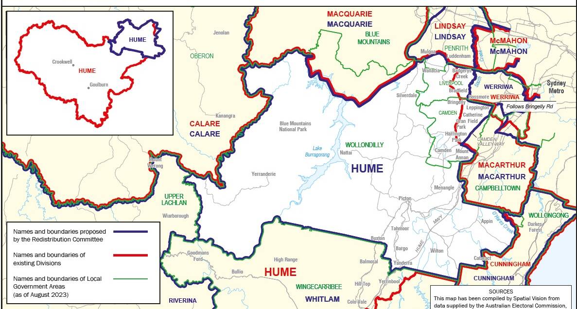 The federal seat of Hume would shift north and take in parts of Camden, Wollondilly, Penrith and Liverpool council areas, under a redistribution proposal. The existing seat is shown in red and the new electorate in blue. Map supplied.